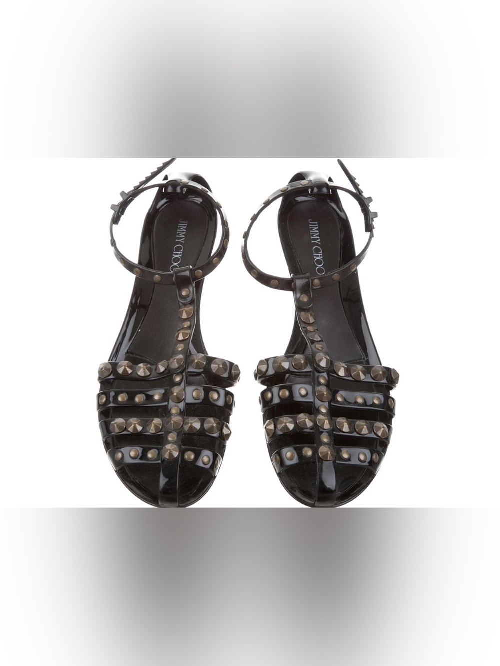 Jimmy Choo Studded Black Jelly Sandals Caged T-Strap Gladiator Flat